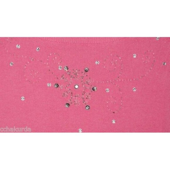 Quacker Factory Size S Sweater Knit Top Pink Rhinestone Bead Embellished - Picture 6 of 9